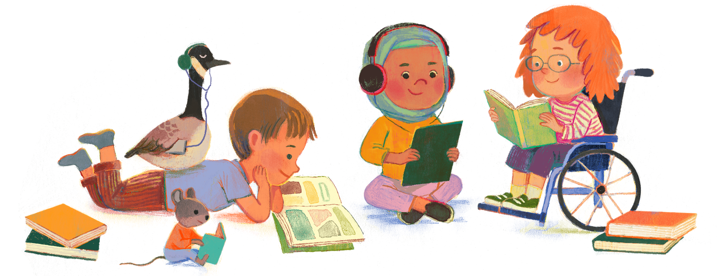 Personnages en train de lire dans diverses positions; on voit entre autres un robot avec une tablette.