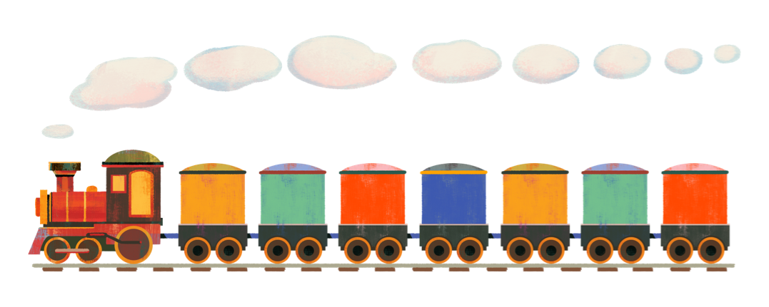 train avec plusieurs wagons colorés et de la fumée sortant d'une cheminée.