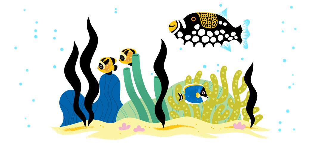 illustration décorative de créatures marines et d'enfants lisant des livres ensemble