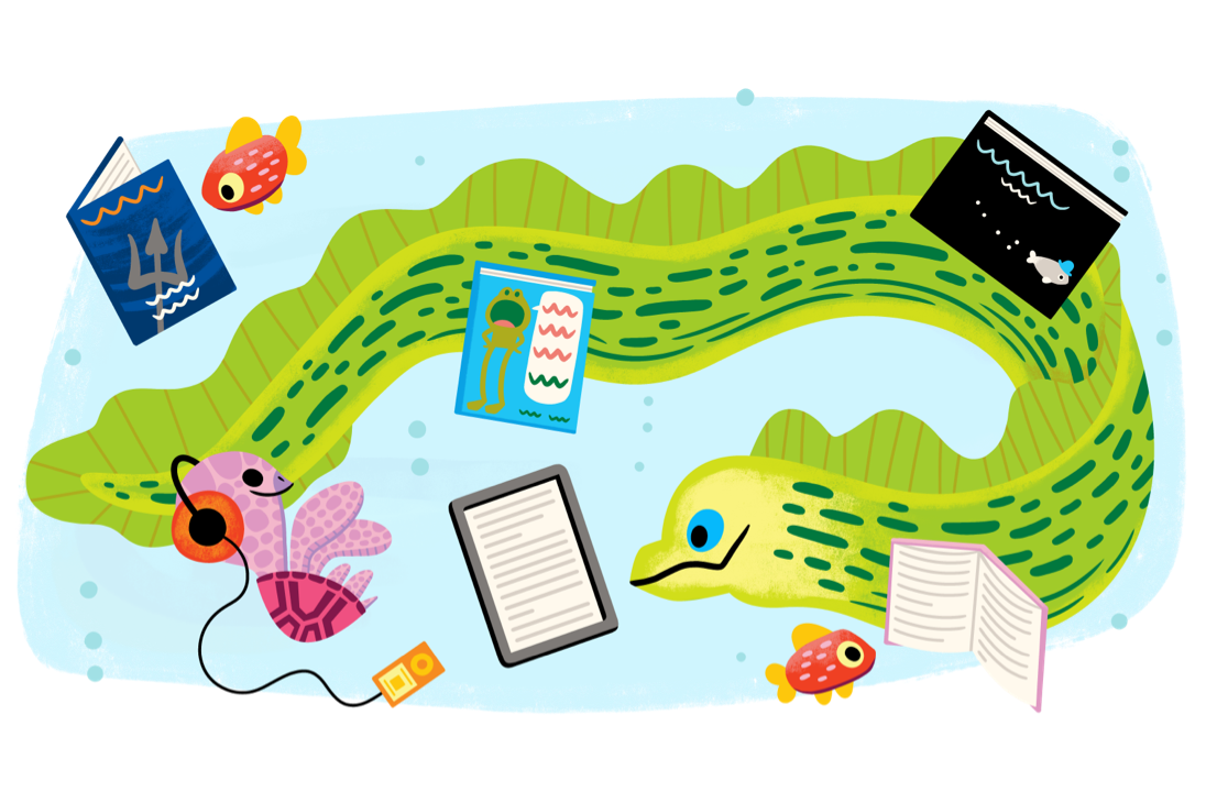 Une raie, une tortue et des poissons lisant ou écoutant des livres