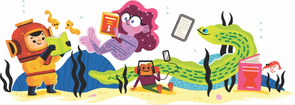 Personnages en train de lire dans diverses positions; on voit entre autres un robot avec une tablette.