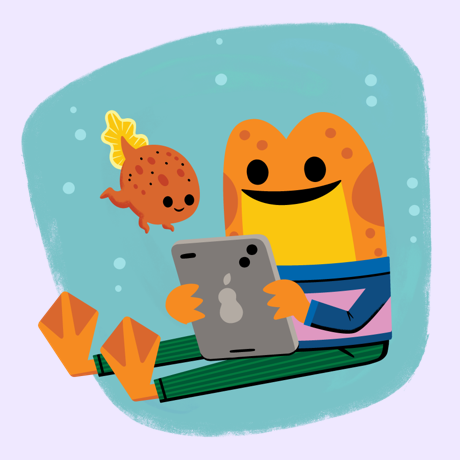 Une grenouille et un têtard lisant sur une tablette