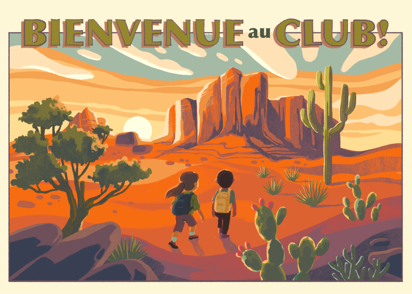 deux enfants de dos marchant vers un soleil couchant dans un environnement désertique et avec les mots 'WELCOME TO THE CLUB!'