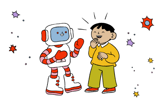 Un robot et un humain rient ensemble.