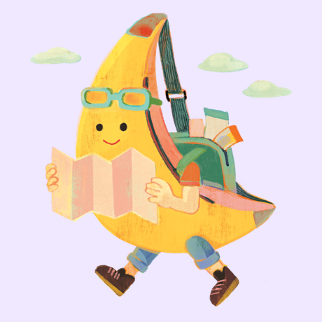 un sac banane marchant avec une carte dans les mains
