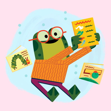 Une grenouille avec des lunettes entourée de livres