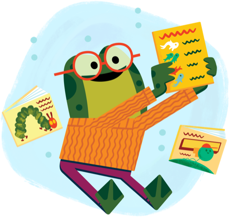 Une grenouille avec des lunettes entourée de livres
