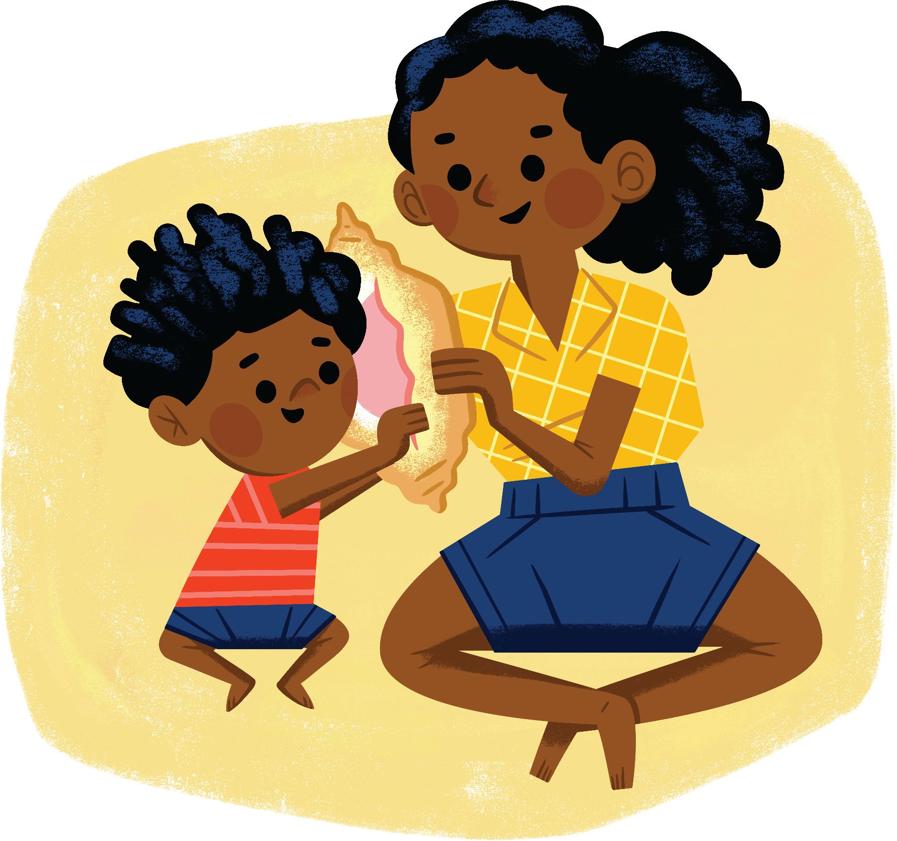 caregiver lets child listen to a seashell