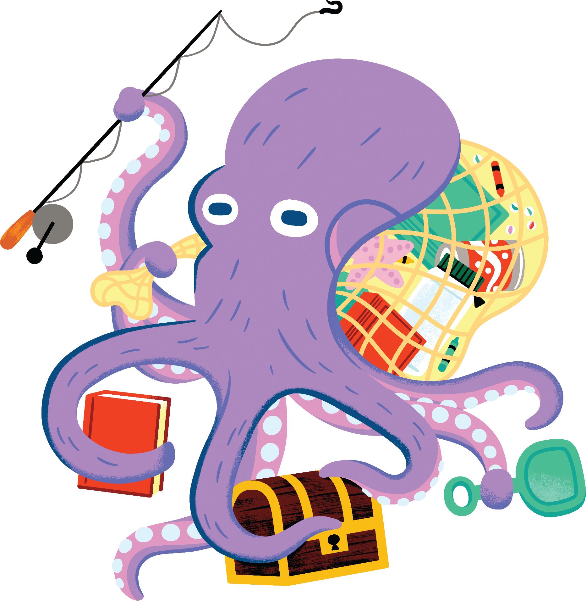 Une pieuvre tenant plusieurs objets dans ses tentacules et un sac en filet sur son dos