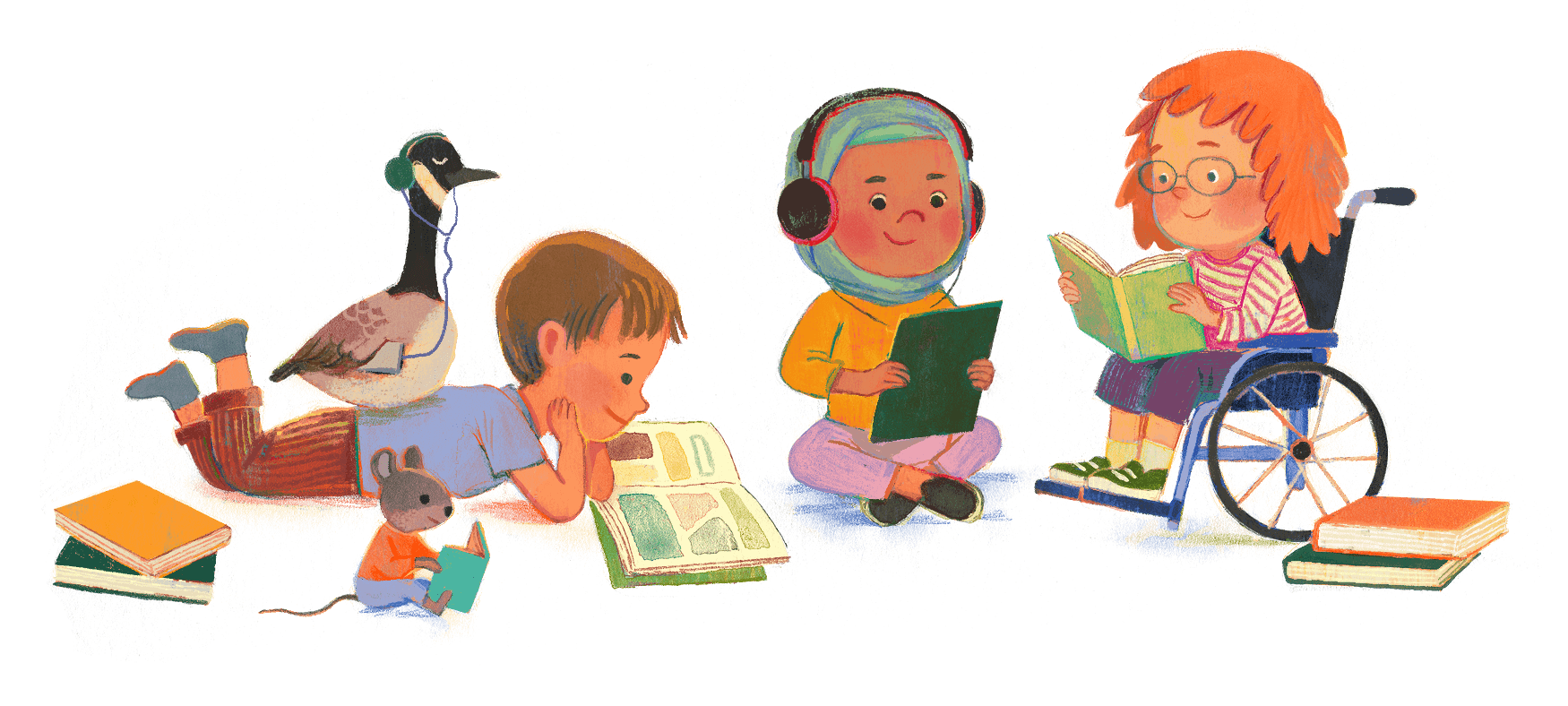 Personnages en train de lire dans diverses positions